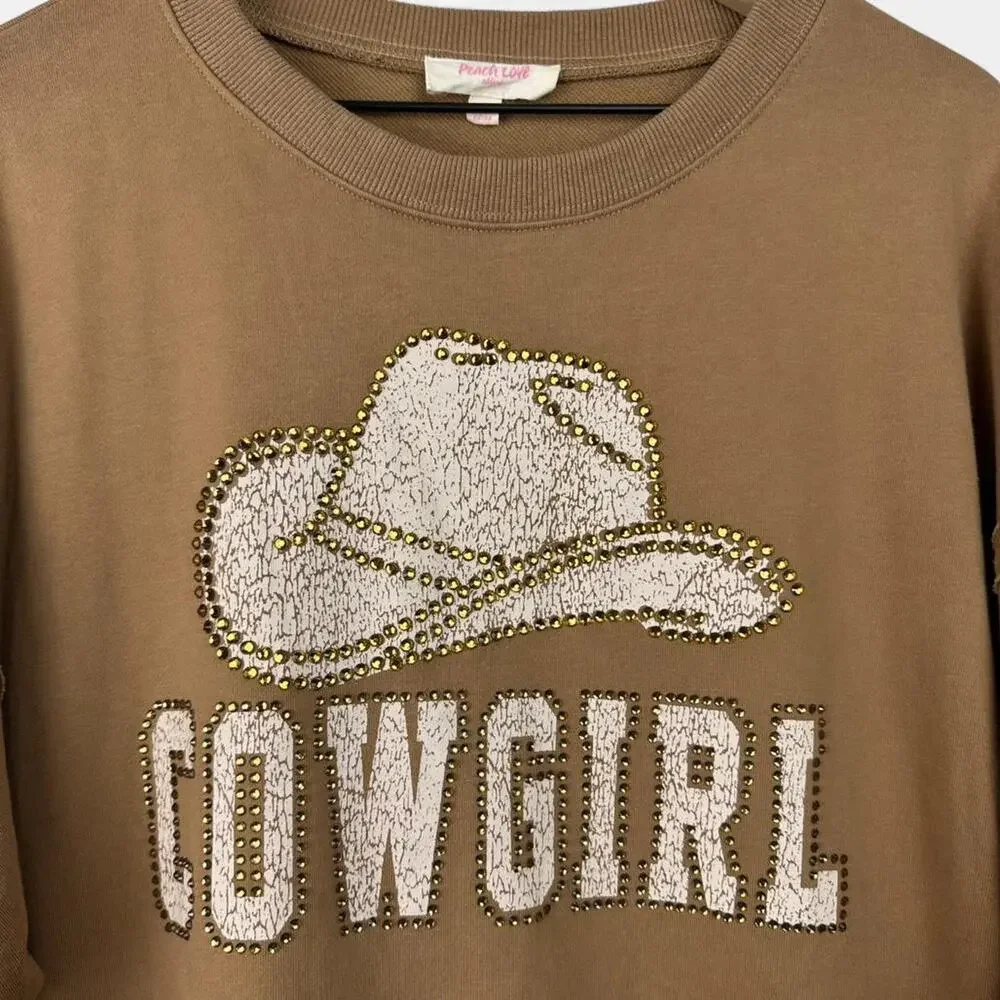 Cowgirl studded sweatshirt cozy tan sweatshirt - Picture 3 of 8
